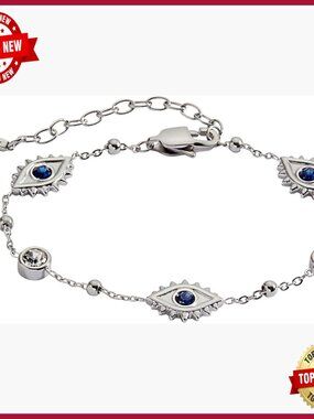 Evil Eye Link Bracelet Protective Stainless Silver Adjustable Chain
